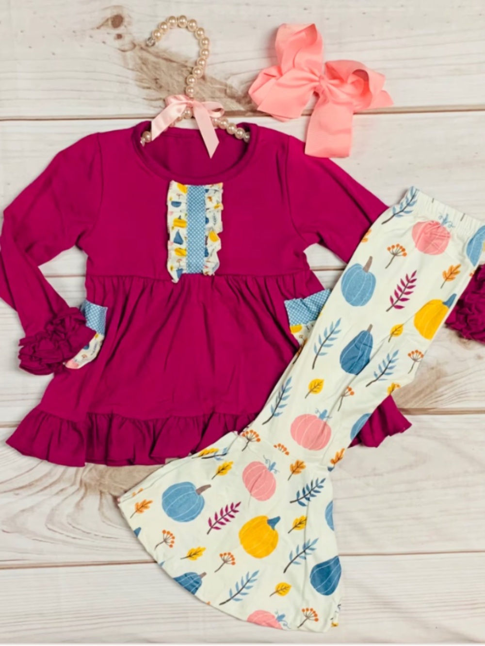 Pink Rose Ruffle Top w/Matching Bellbottom Milk Silk Pumpkin Pants